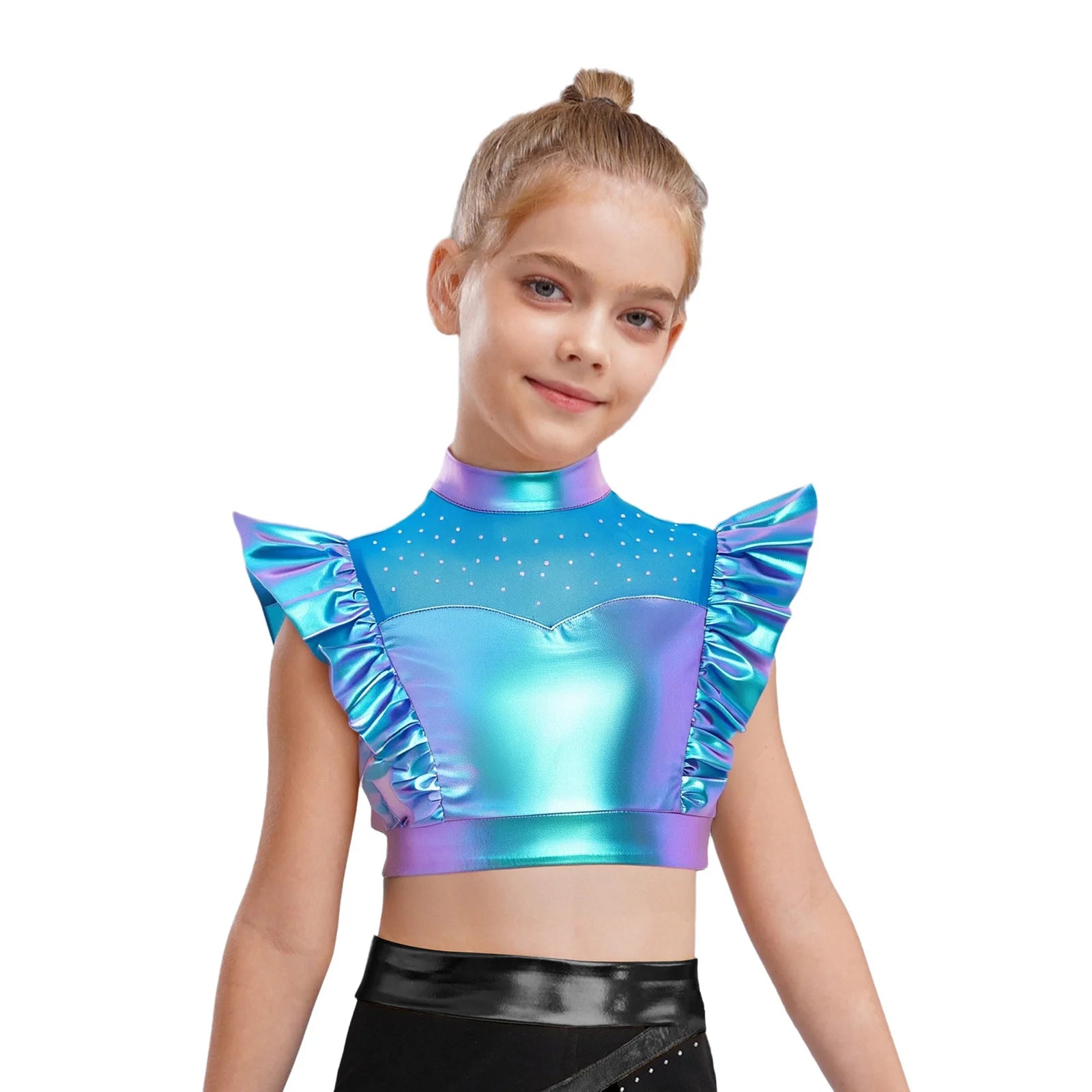 Kid Girls Hip Hop Dance Clothes Kids Jersey Sequin Tiered Skirt Long Tank Top Jazz Metallic Holographic Crop To Cheerleading Set
