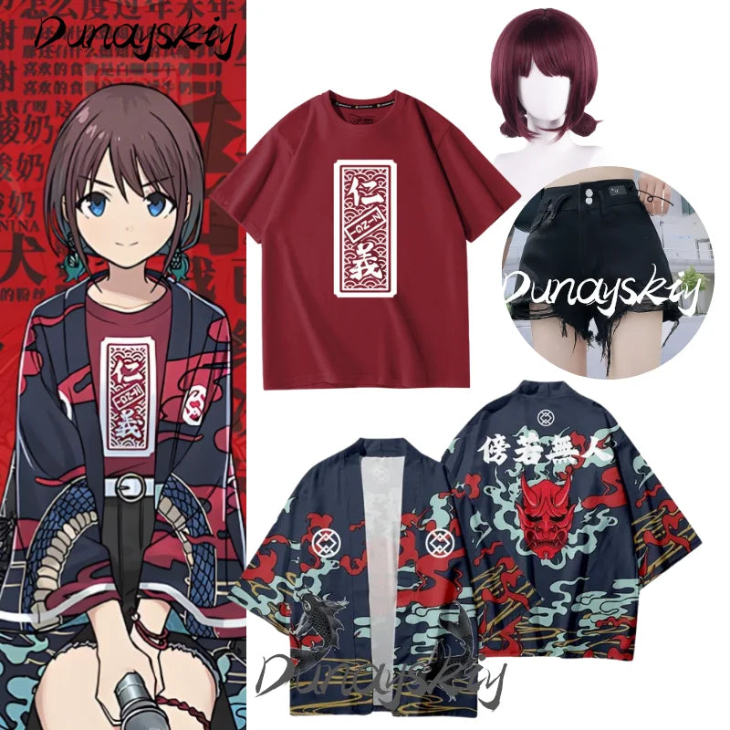 Girls Band Cry Nina Iseri Cosplay Costume Set T-shirt Cardigan Short Pants Low Bun Brown Wig Anime Idol Costumized Outfit