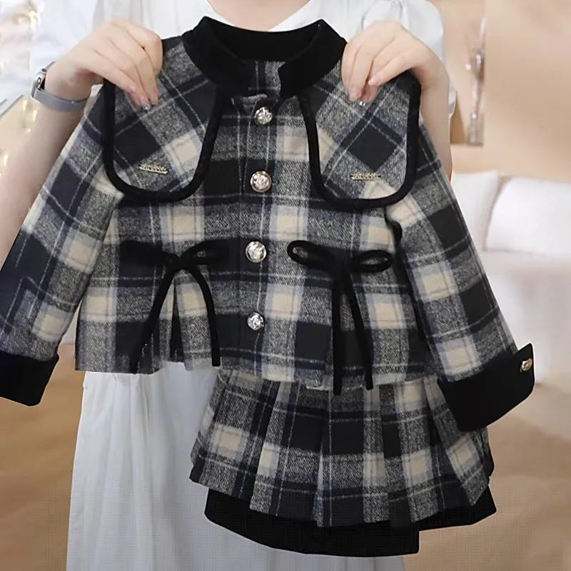 Girls Set Autumn Winter College Style Thick Cotton Jacket And Pleated Skirt Two-Piece Set Children's Outfit