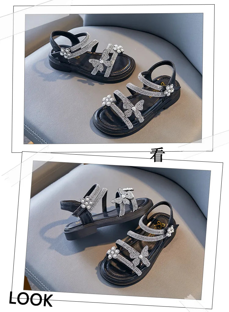 Little Girl's Sandal Summer Kids Princess Sandals Children Soft-soled Beach Sandals fit 2-13Years Old Kid Shoes Pink Black Beige