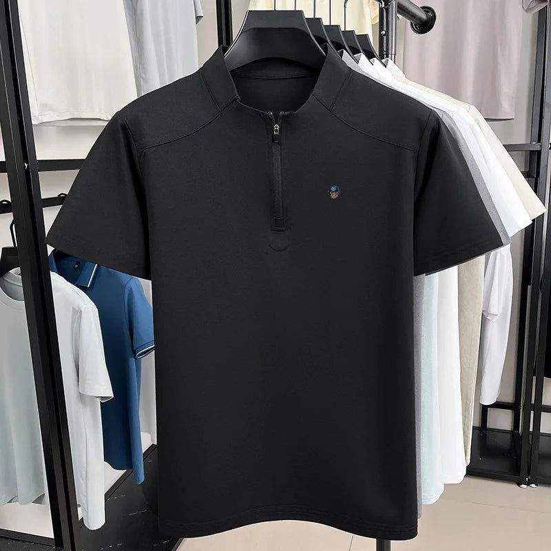 Men's Summer New Bear Embroidered T-Shirt Beach Casual Mesh Half Zipper Short Sleeve Soft Comfortable Splicing Men's Clothing