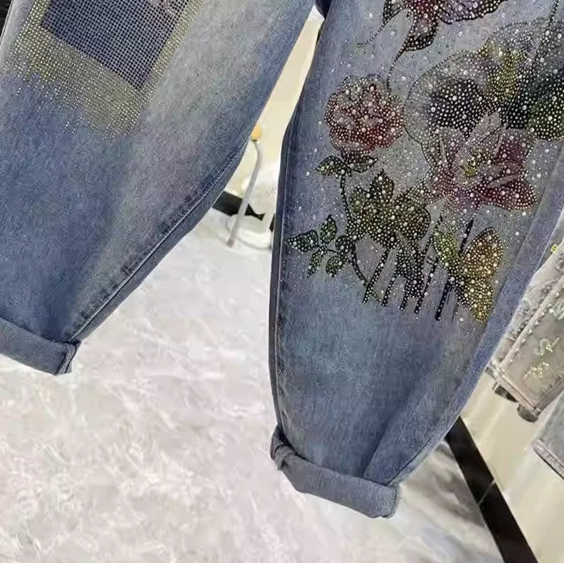 Baggy Jeans Women Printed Rhinestones Jeans Mujer 2023 Spring New Loose Casual Cropped Pants Ankle-Tied Harem Pants Female