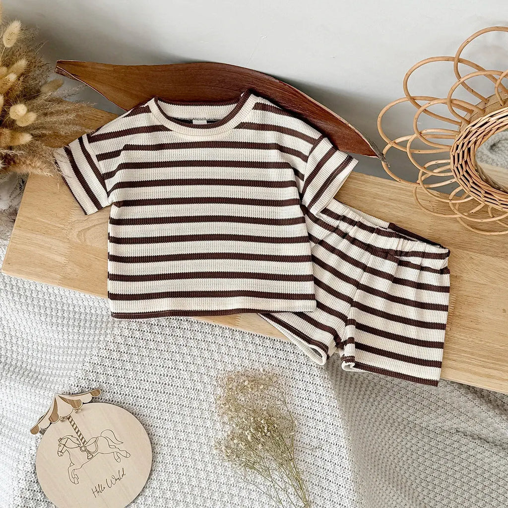 Summer Baby Clothes  Beige Color Boys Striped  T-shirt Shorts Set Breathable Girls Vest Short Sleeved Shorts Set 0-3Years