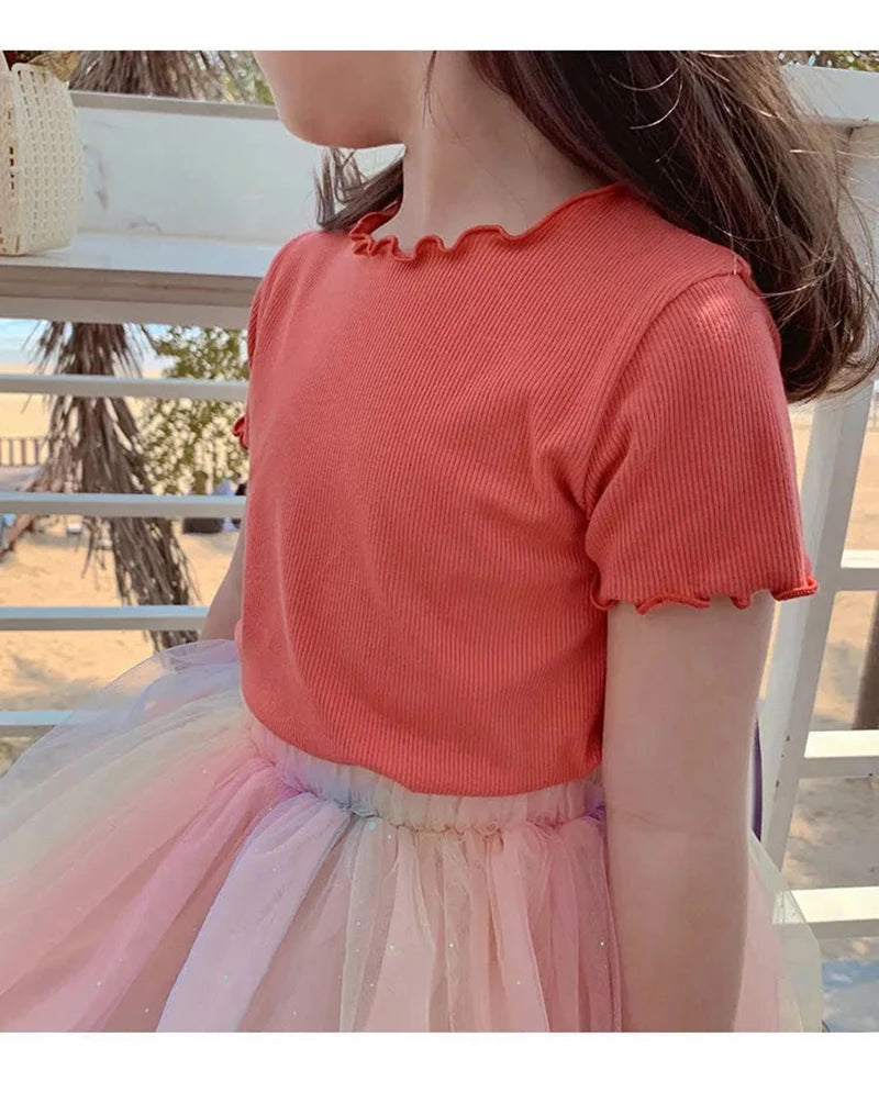 Baby Girls T-Shirt Summer Kids Short Sleeve Tops Tees Soft Ice Silk Fabric Toddler Solid Color Shirts Children's Clothing 1-10Y