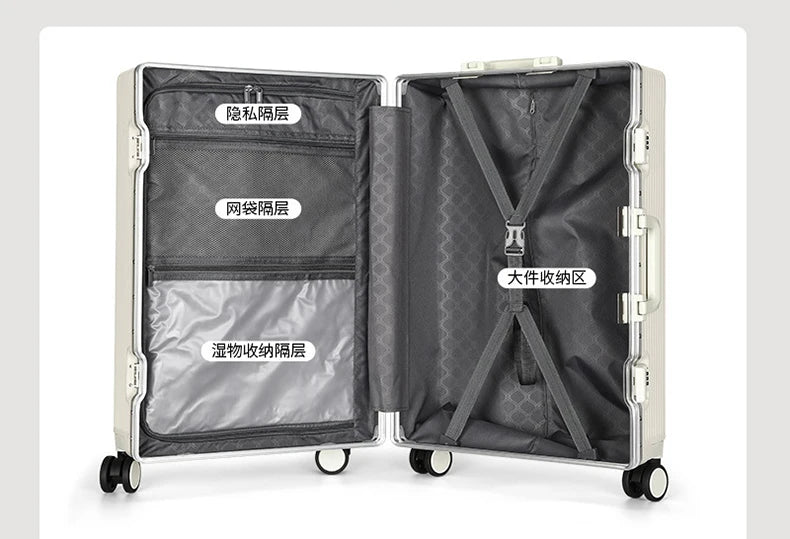 New Travel Luggage Multifunctional Aluminum Frame Trolley Suitcase with USB Cup Holder Large Capacity Bag Boarding Box Suitcase