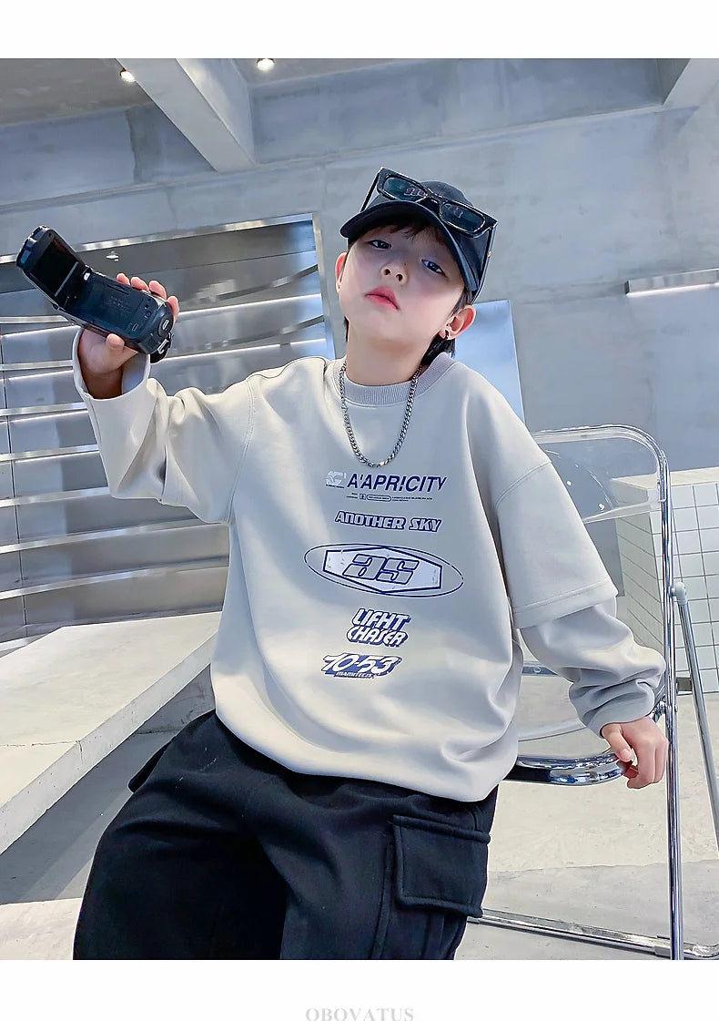 Teenage Kids Tshirts New Spring Fall Clothes Fashion Letter Fake Two Piece Sleeve Costume T-shirt Child Cotton Boy Tees Tops