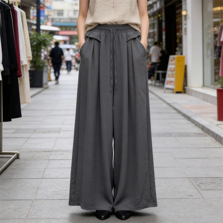 Women's Trousers New Fashion Solid Color High Waist Lace Up Thin Women's Wide Leg Pants Simple Drape Loose Casual Female Pants