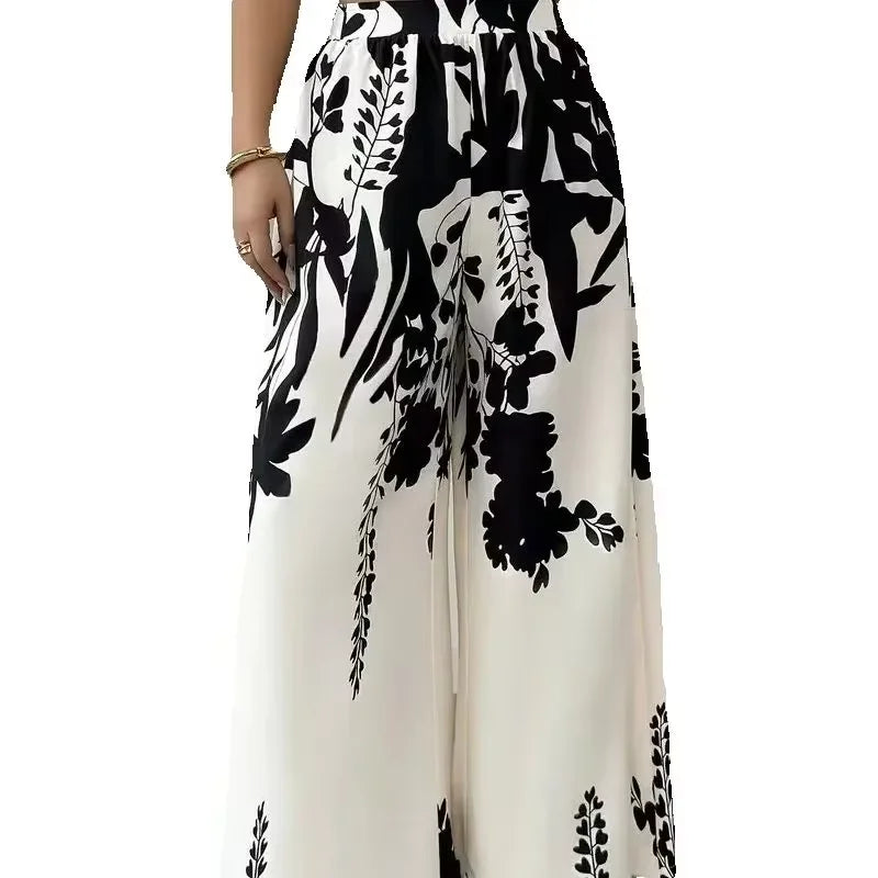 Women's Trousers Fashionable High Street Black And White Flower High Waist Casual Wide Leg Pants 2026 Spring Summer New Style