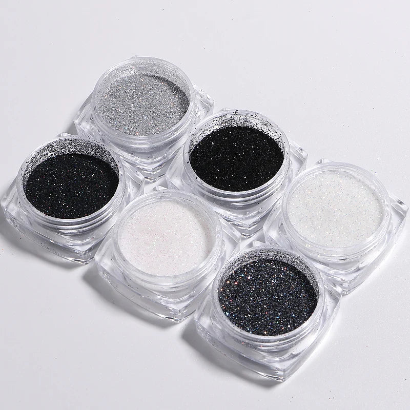 6pcs Nail Polish Glitter Fine Sand Holographic Glitter Powder Black White Reflective Pigment Flakes Powder Manicure Accessories