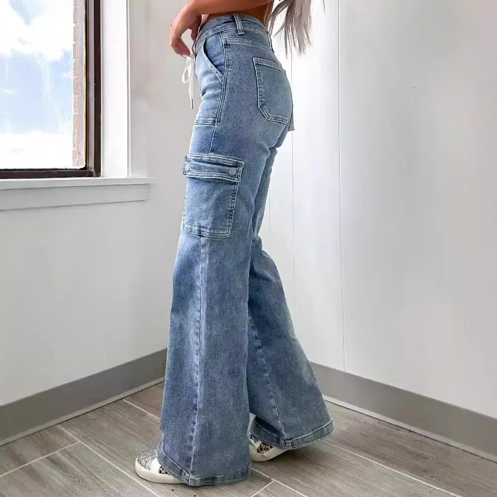 2026 Women's Casual Straight Leg Jeans Pants Fashion Style Belt and Multiple Pockets Functional Work Pants Female Cargo Trousers