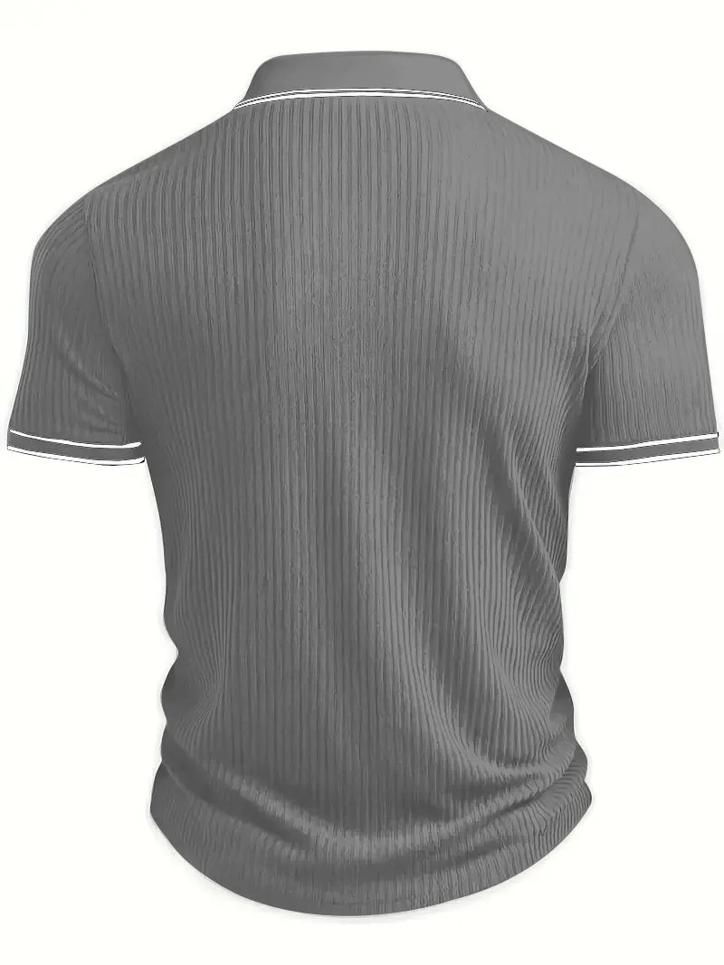 Men Ribbed Knit Polo Shirt Short Sleeve Turn Down Collar Contrast Trim Button Placket Slim Fit Casual Top