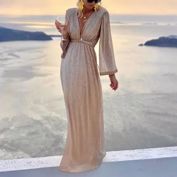 New 2026 Women's Sexy Evening Dresses Deep V-neck Gold Elegant Dress Female Wedding Party Long Formal Prom Party Gowns Vestidos