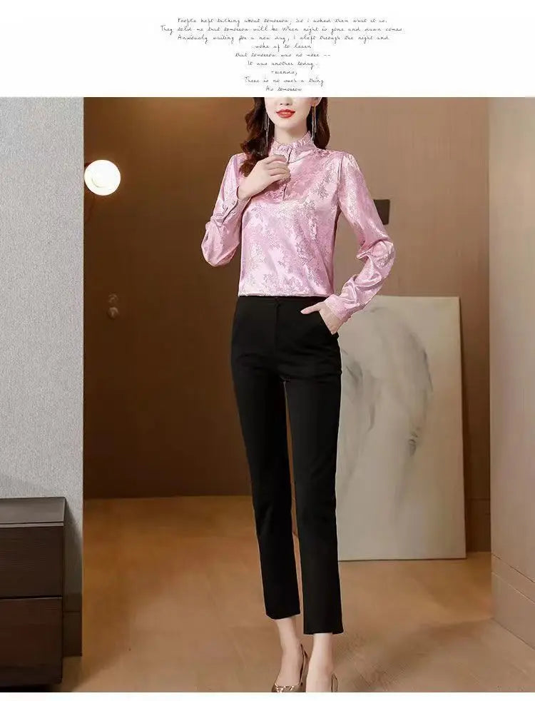 Premium Satin Blouse Women Spring Age-Reducing Print Loose Long Sleeve Top Fashion Elegant Collar Shirt