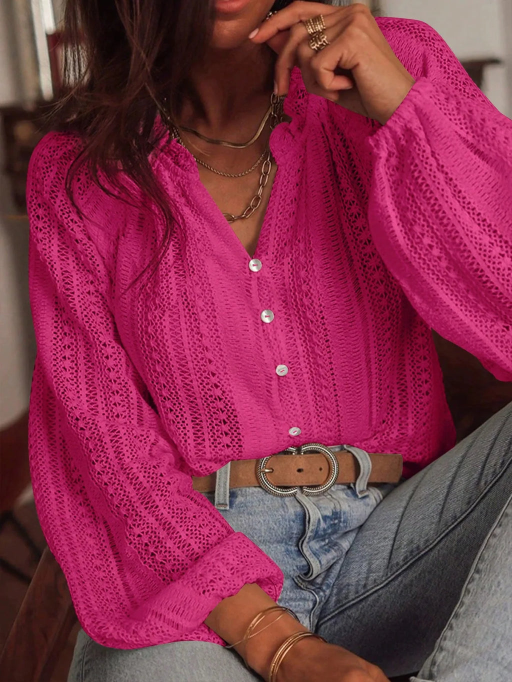 Women's Blouses Spring And Autumn New Loose Fashion Simple All-Match Hollow Lace V-neck Single Breaked Long Sleeve Women Shirts