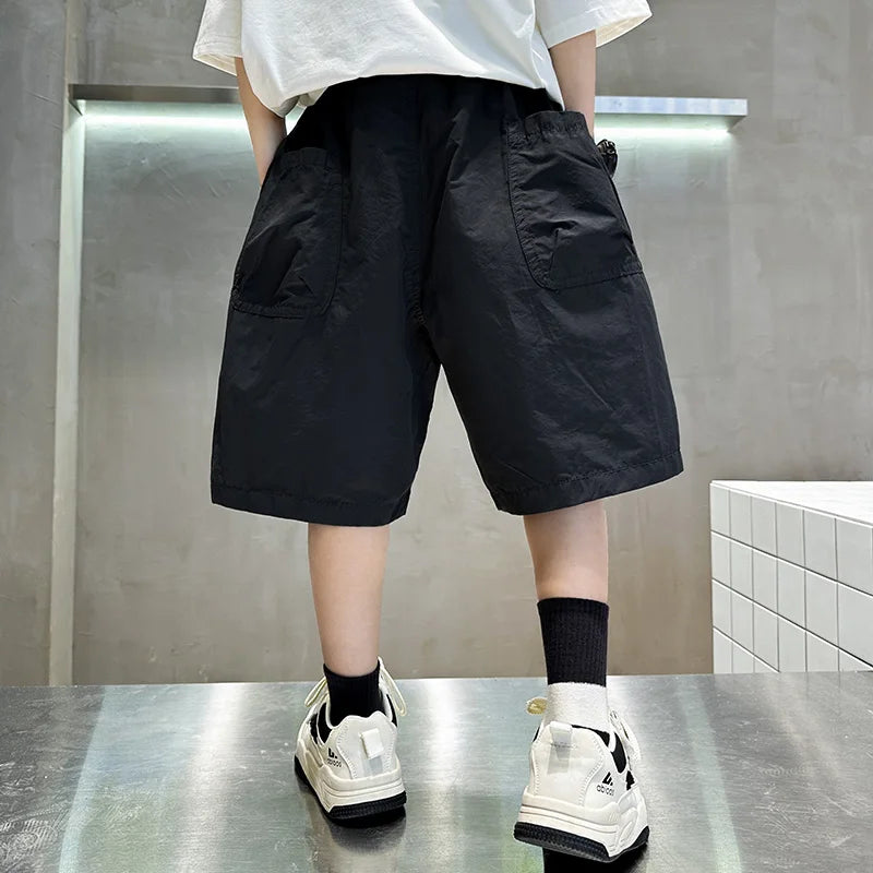 Kids Casual Solid Color Cargo Shorts for Tween Boys Khaki Black Summer Shorts Teenage Child Brief Knee-Length Pants Age 5-14Y