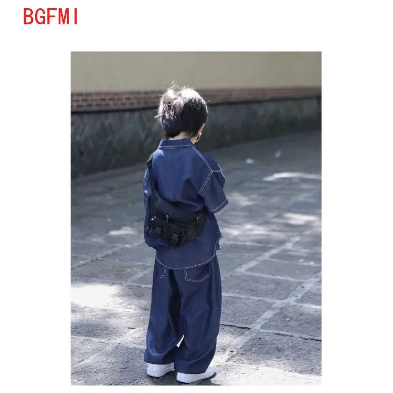 Teens Handsome Boy Short Sleeved Thin Denim Shirt and Pants 2pcs Set 2025 New Children's Summer Suit for Boys and Girls Outfits
