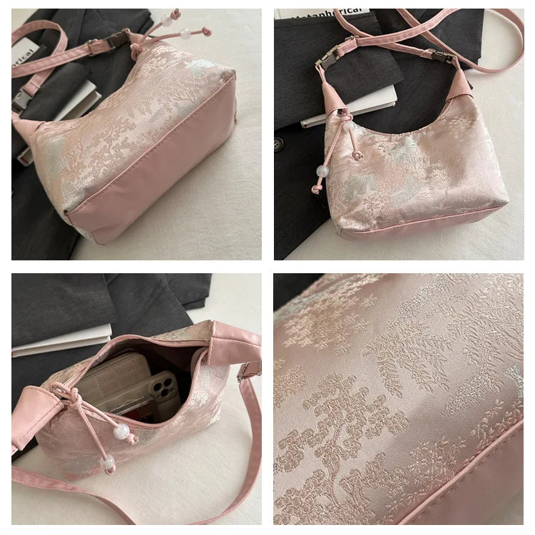 Designer Luxury Bags Woman Sweet Embroidery Shoulder Bag Nylon Texture Pearl Pendant Crossbody Handbag Bucket Handbag Women Girl