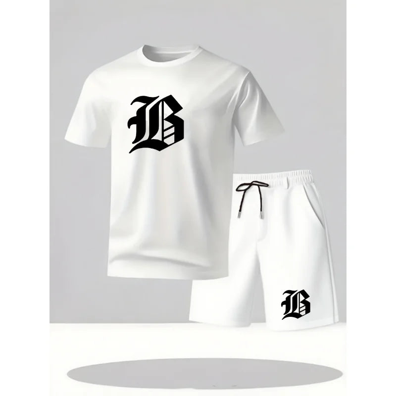 Men'S Casual Black T T-Shirt And Shorts Set，With A Bold“B”Printing - Machine Washable，Summer Streetwear