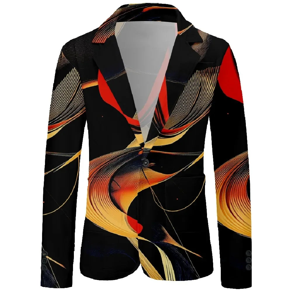 Men's Stylish Yellow Suit Jacket Minimalist Black Linear Geometric Patterns with White Circular Accents for Casual & Office Wear