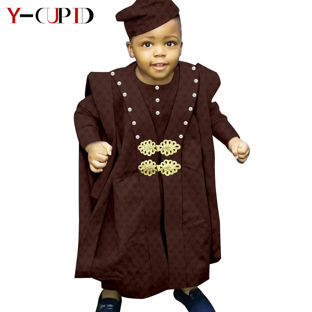 African Boy Outfit Bazin Riche Muslim Jacquard 4 Pieces Sets Tee Pant Robes and Cap Kids Children Suits Agbada Outwear Y234017