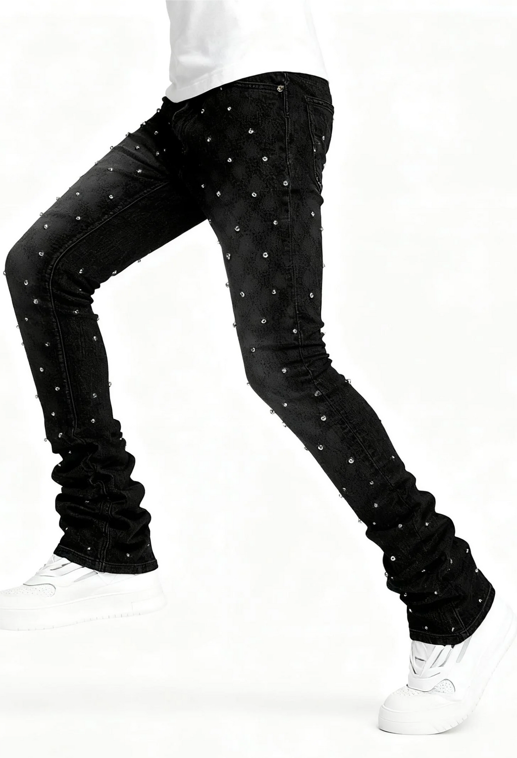 Men's Jeans with Nail Rhinestone Decoration, Shiny Stretch Straight-Leg Jeans, Street Style Hip-Hop Skateboarding Rap Party Dance Pants, Suitable for All Seasons