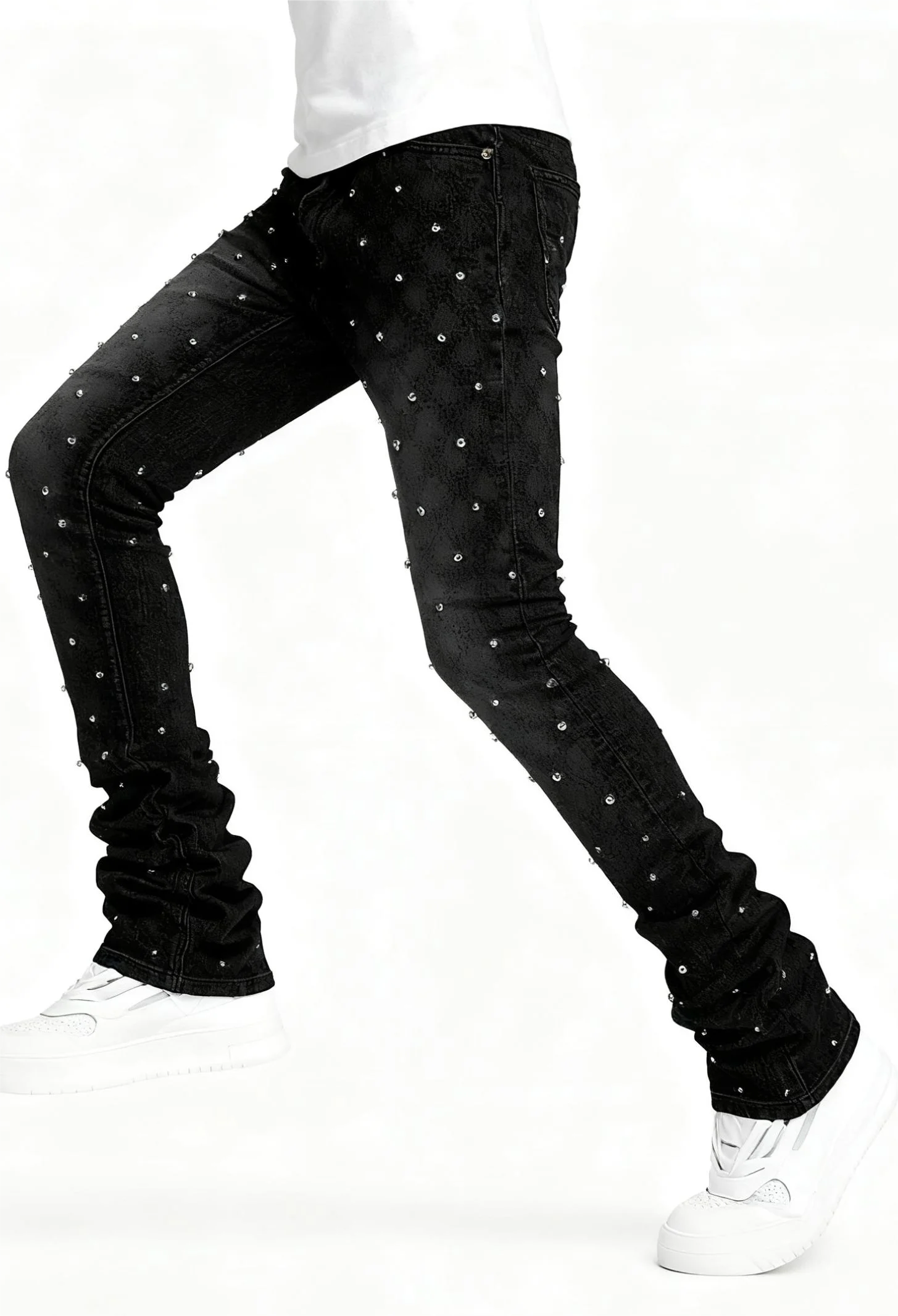 Men's Jeans with Nail Rhinestone Decoration, Shiny Stretch Straight-Leg Jeans, Street Style Hip-Hop Skateboarding Rap Party Dance Pants, Suitable for All Seasons