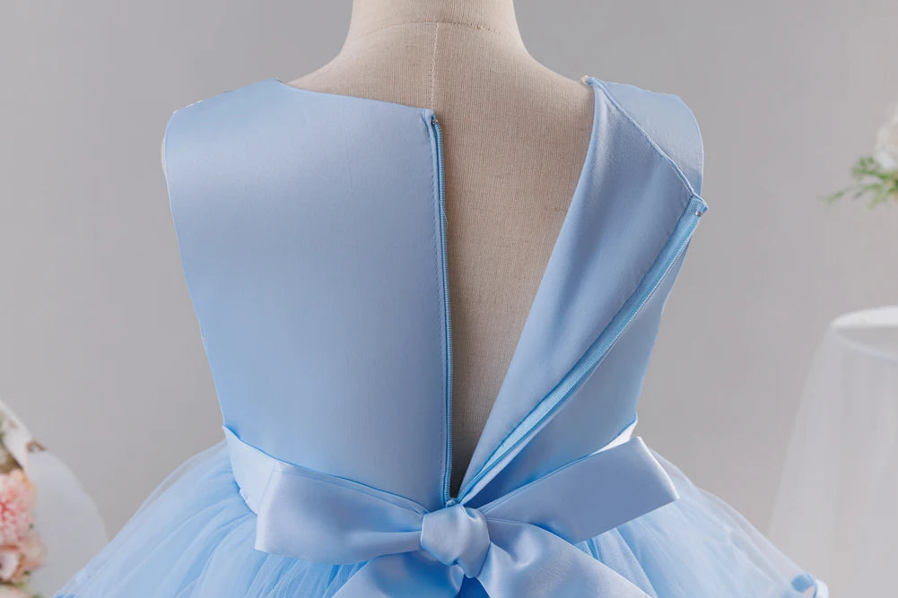 Girls Princess Dress Sleeveless Lace Embroidery Tiered Tulle Bow Formal Evening Gown for Wedding Birthday Party Christmas