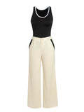 Women's Trousers Set Contrast Trim Tank Top High Waist Wide Leg Pants Two Piece Set Spring Summer Office Street Casual Outfit