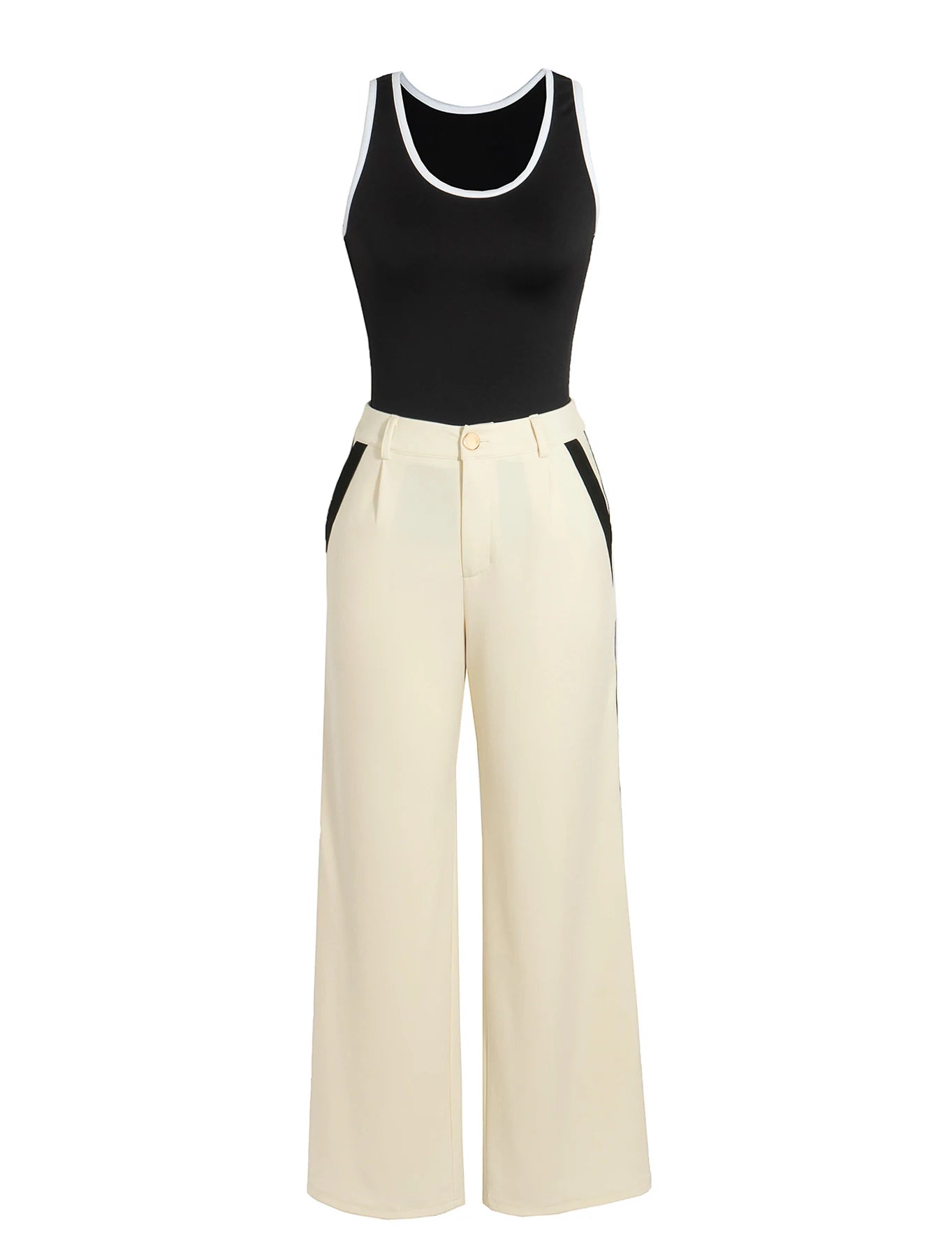Women's Trousers Set Contrast Trim Tank Top High Waist Wide Leg Pants Two Piece Set Spring Summer Office Street Casual Outfit