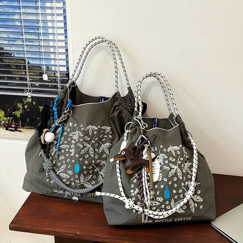 Ladies' tote bag, new nylon embroidered shopping bag, large-capacity single-shoulder bag, hand-held bag, casual style, lightweig
