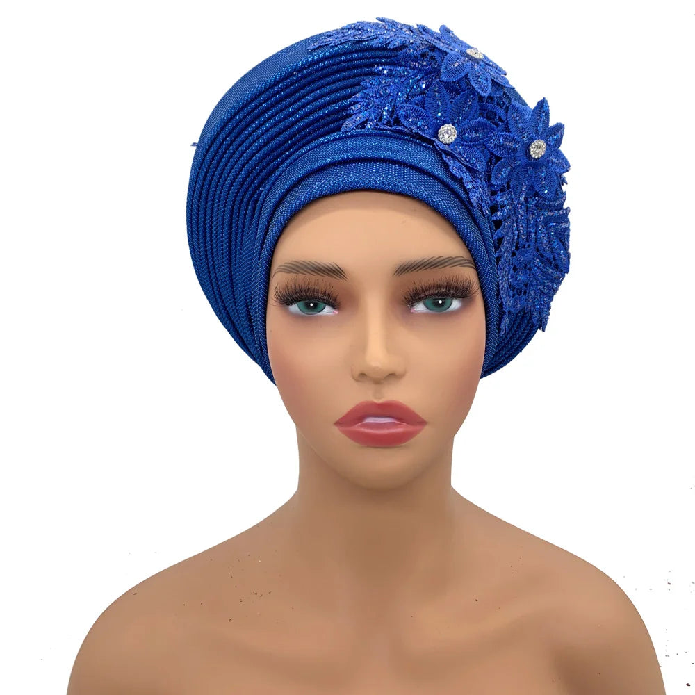 Elegant African Autogele Women's Turban Cap Nigeria Wedding Gele Ready to Wear Headtie with Embroidery Lace Party Headwear
