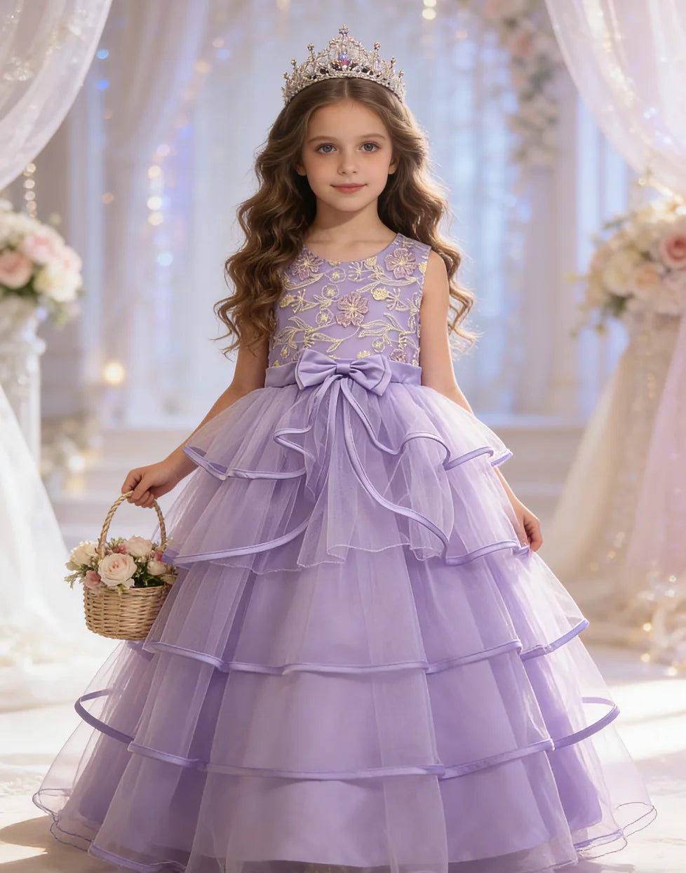 Girls Princess Dress Sleeveless Lace Embroidery Tiered Tulle Bow Formal Evening Gown for Wedding Birthday Party Christmas