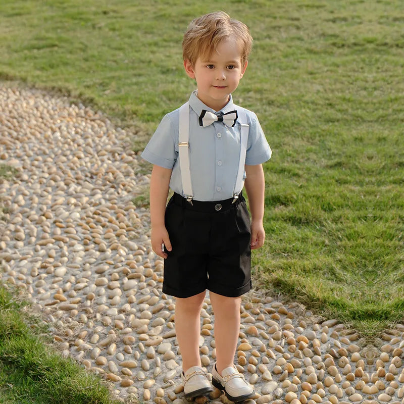 Kid Formal Strap Shirt Shorts Bowtie Clothing Set Gentleman Baby Toddler Tracksuit Elegant Boys Outfit Suit For Wedding Children