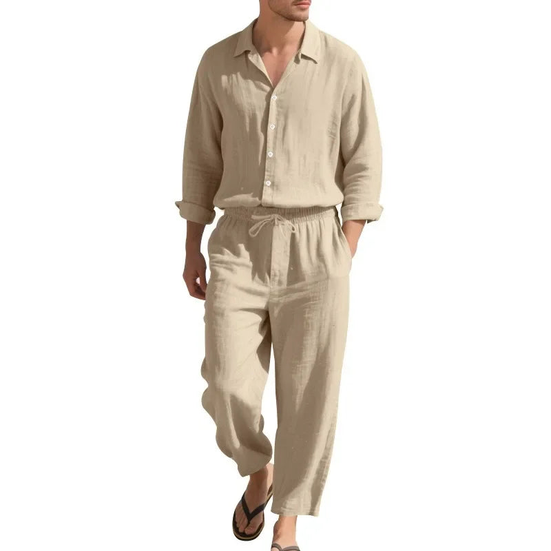 KIDWHXR Man 2-piece Outfit Spring Single-breasted Long Sleeve Shirts Male Drawstring Trousers Men Thin Cotton Linen Casual Set