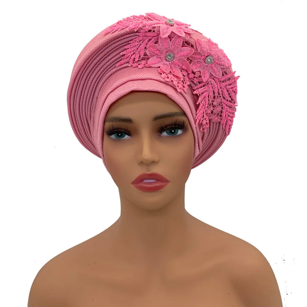 Elegant African Autogele Women's Turban Cap Nigeria Wedding Gele Ready to Wear Headtie with Embroidery Lace Party Headwear