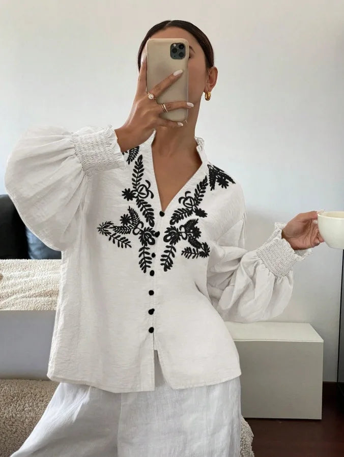 Women Autumn Single Breasted V-neck Blouses and Shirts Ladies Casual Embroidery Long Sleeve Shirt Tops