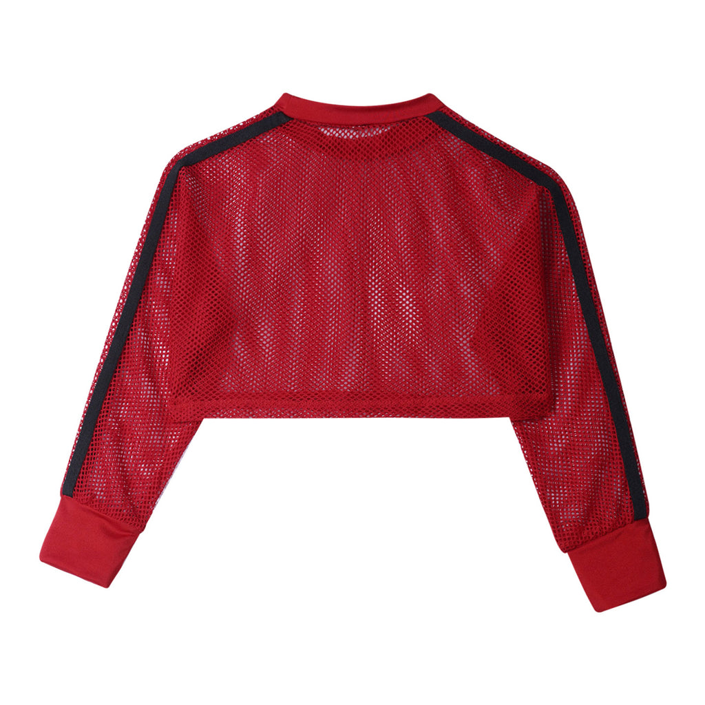 Kids Girls Fishnet T-shirt Hip Hop Street Dance Tops Long Sleeve Round Neck Hollow Out Mesh Crop Top for Workout Gym Sportswear