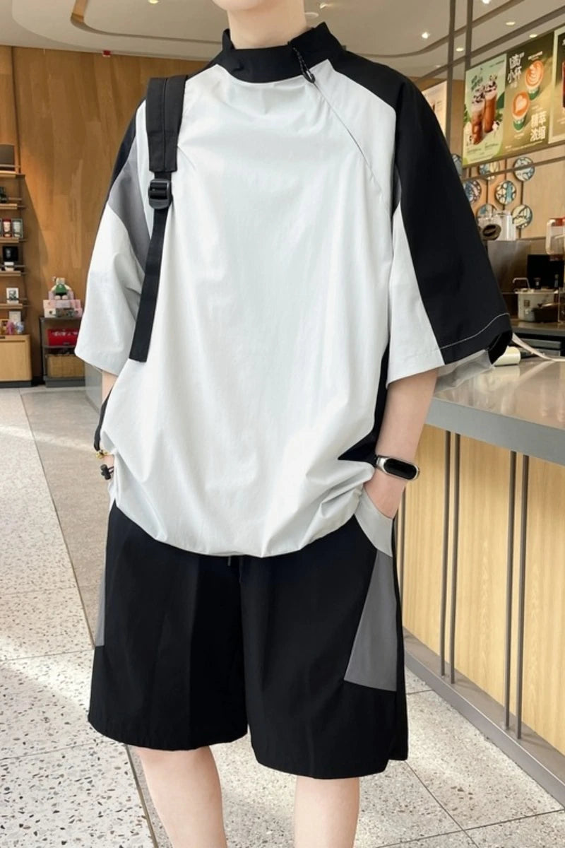 【T-Shirt + 5-Point Shorts】Men's T-Shirt Set Summer Fashion Nylon Blend Diagonal Neck Streetwear Sports Leisure Two-Piece Suit