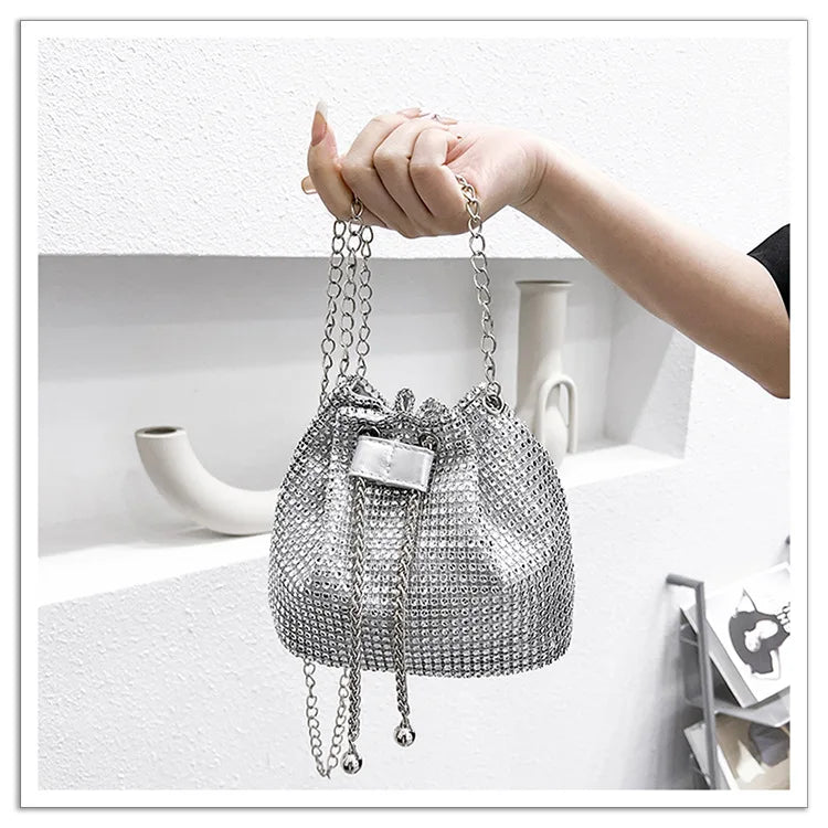 Women Luxury Shoulder Bag Solid Color Rhinestone Glittering Satchel Bag Drawstring Shinny Sling Purse Dinner Party Bag