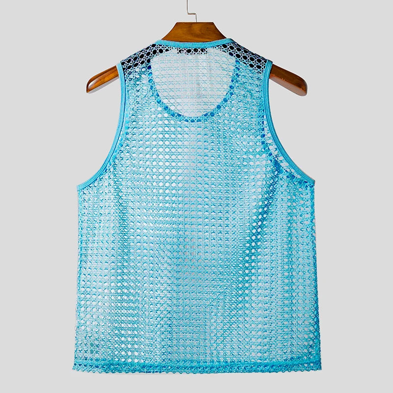 Summer Men Tank Tops Mesh Transparent O-neck Sleeveless Male Vests Sexy Vacation INCERUN 2025 Streetwear Fashion Men Clothing