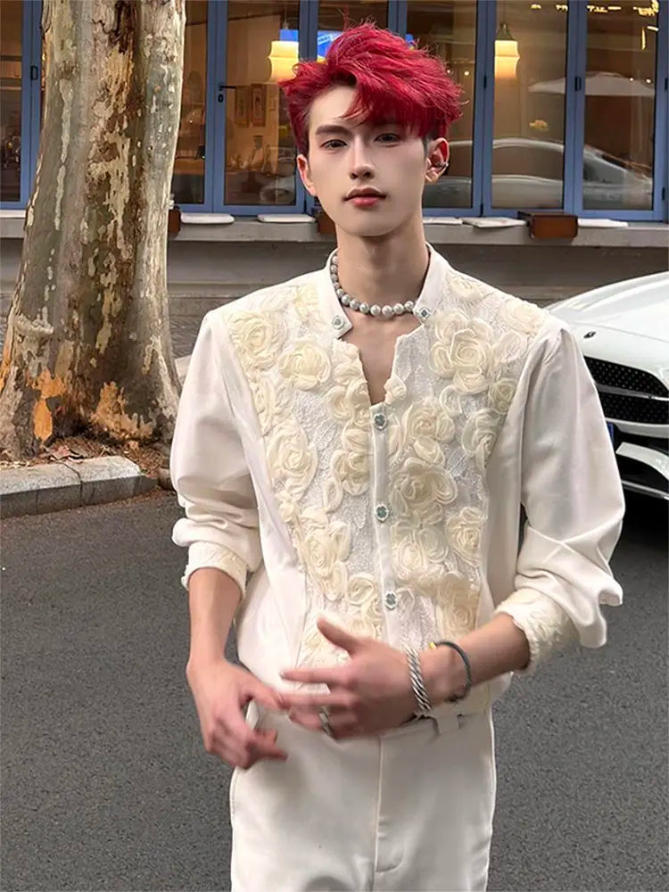 Men's Cream Stand Collar Long-Sleeve Shirt with Rose Embroidery Decorative Buttons Men's Shirts Fashion Men's Clothing