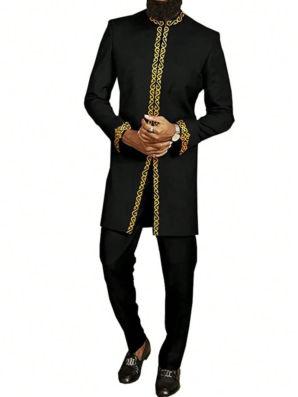 African Traditional Men Suit Printed Shirt Top Elastic Waist Pants White Wedding 2 Piece Set Outfits Ethnic Style Costumes