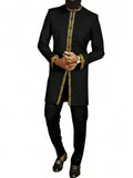 African Traditional Men Suit Printed Shirt Top Elastic Waist Pants White Wedding 2 Piece Set Outfits Ethnic Style Costumes