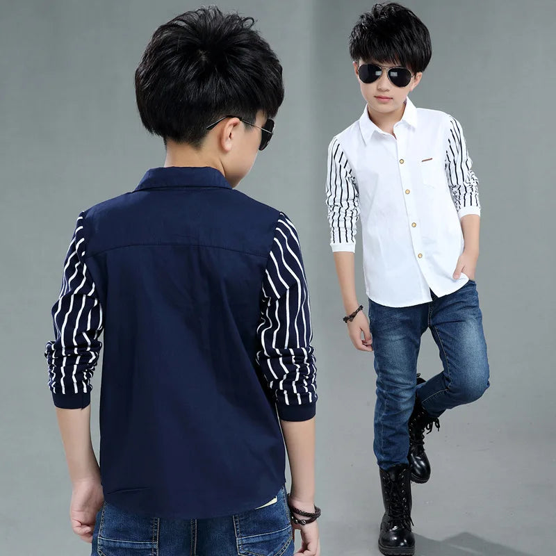 Boys Blouses And Shirts Children's Stripe Top 2024 Spring Autumn Casual White Polo Shirts Teenager School Brand Outerwear Cotton