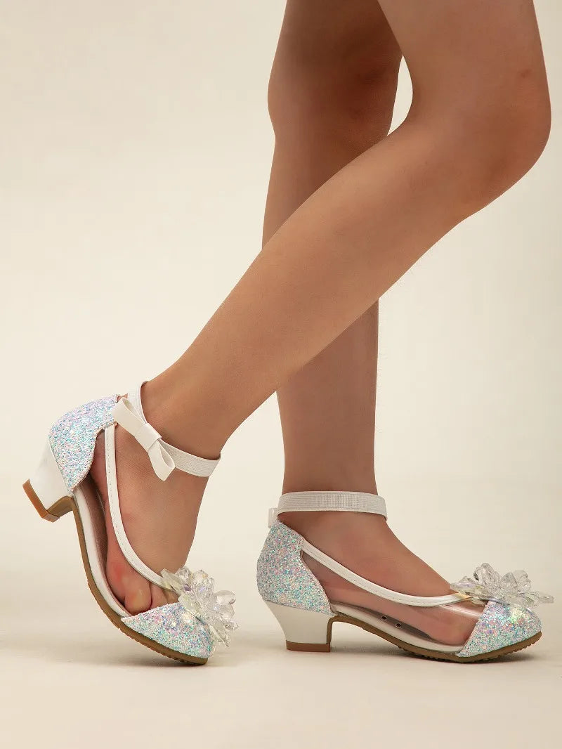 2025 New Girl's High Heel Shoes Ankle-strap Bowknot Children Princess Shoes Fashion Sequins Kids Leather Shoes for Wedding Party