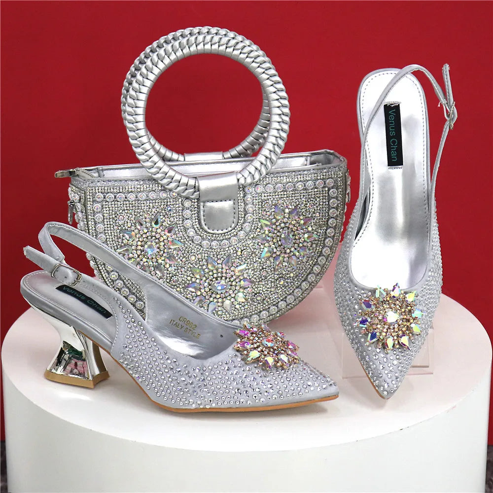 Nigeria Fashion Rhinestone-encrusted Ladies Party Shoes And Special bags High Heels And Dual Purpose Bag Women's Shoes