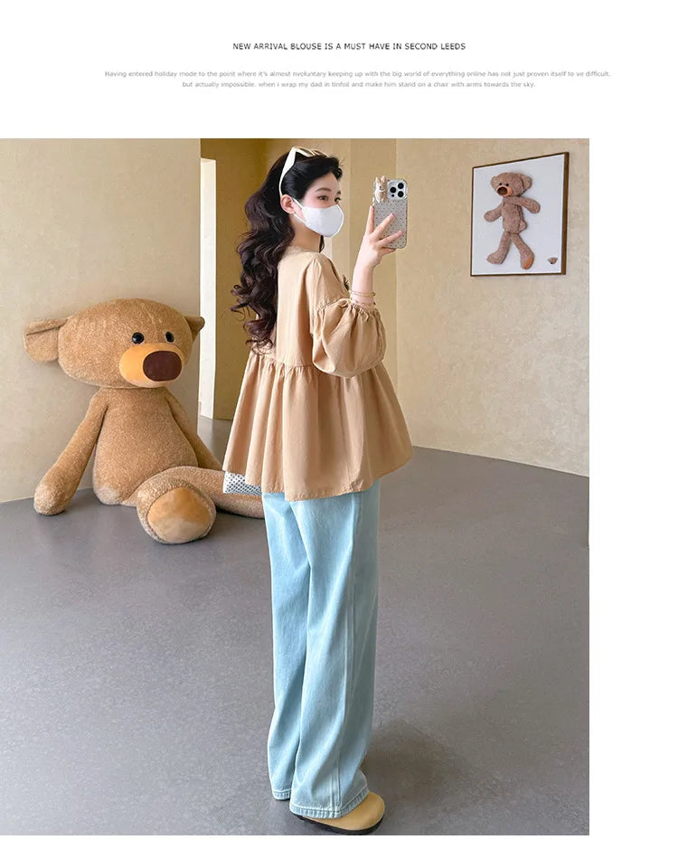 Maternity Blouse Spring Autumn Flower Round Neck Puff Long Sleeve Tops For Pregnant Women 2026 Loose Comfortable