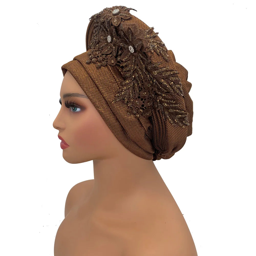 Elegant African Autogele Women's Turban Cap Nigeria Wedding Gele Ready to Wear Headtie with Embroidery Lace Party Headwear