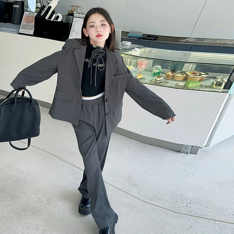 8 10 12 14 teenage Girl suit set Blazer+Wide leg pants 2pcs junior kid clothes suits children clothing girls outfit sets Costume