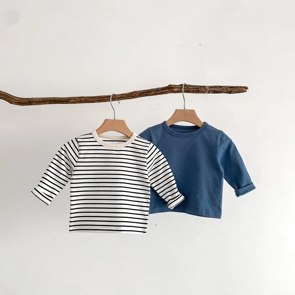Infant Clothes Toddler Boy Cotton Long Sleeves T-shirts Spring Autumn Outfits Girl Baby Solid Bottoming Shirt Kid Striped Tees